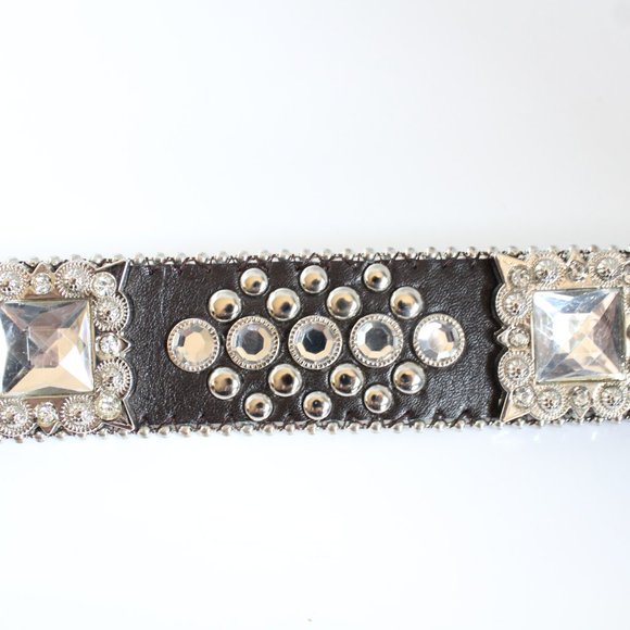 Western Women's Belt Brown Leather Square Rhinestone Conchos And Crystal Bling ~ - Picture 4 of 11